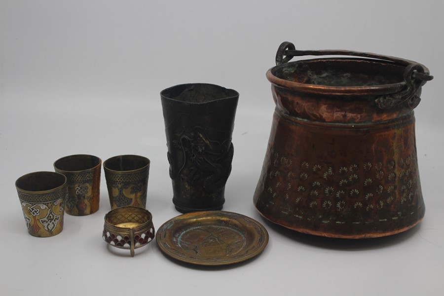A group of East Asian metalwares, late 19th/early 20th Century, including a copper pail with swing