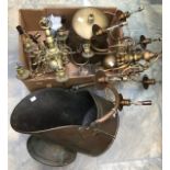 A collection of brass chandeliers and wall lights, coal boxes and wall mirror (Q)