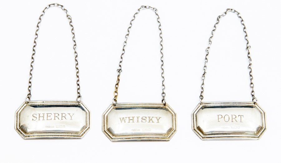 Three Birmingham silver decanter labels, including sherry, port and whisky 1.07ozt approx