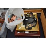 Small collectors cabinet in Mahogany, two hand painted early 20th century ebonised wall plaques