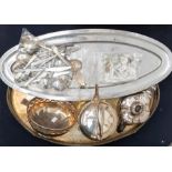 Silver plated serving tray, hot water kettle, plated teapot, flat wares and coins (Q)