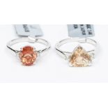 Two 14ct white gold rings to include a pale peach lehrite and diamond ring, trilliant cut stone with