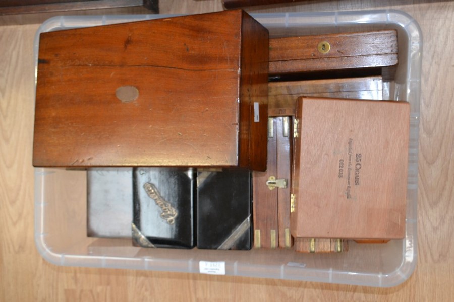 A collection of Edwardian and later wood cigar, cigarette and other boxes, including brass mounted