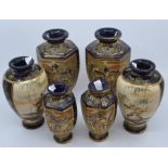 Three pairs of early 20th Century Japanese export vases, hand gilded and enamelled decoration on