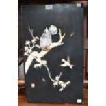 A pair of Japanese panels applied mother-of-pearl decoration depicting birds in branches  (AF)  (2)