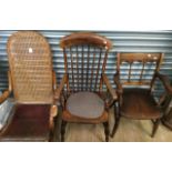 A 19th Century spindle back kitchen armchair; oak seat, oak Victorian armchair and a late