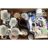 Collection of late 19th Century ceramics, including Staffordshire figures, water jug, plates etc