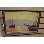 Mel Badenoch, Ships at Sea During Sunset, Cornish scene, oil on board, framed, 54 x 36.5 cms approx