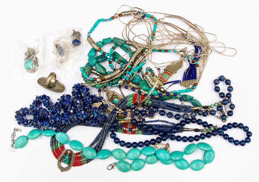 A collection of ethnic jewellery to include turquoise bead necklaces, lapis lazuli bead necklaces,