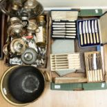 A collection of silver plate tea wares including plated flat wares in boxes and cases, brass coal