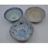 Three Chinese 18th Century blue and white bowls, hand painted decoration in the Yuan style, of
