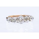 A five stone diamond ring, claw set old European cuts with a total diamond weight approx. 1.