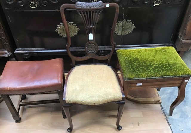 A collection of seat furniture, comprising an Edwardian beech piano stool with hinged seat, an Art - Image 3 of 3