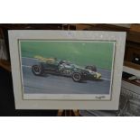 Motor racing interest; signed print of Lotus race car by Ray Goldsborough GMA, along with a