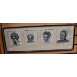 Four charcoal drawings of Tribal figures, possibly Aboriginal, signed S B Hill and framed as one,