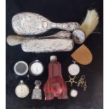 Quantity of Silver and pocket watches. Hallmarked dressing table items (worn), cranberry bottle with