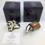 Royal Crown Derby: two paperweights Border Collie and Moonlight Badger. Both gold stoppers, boxed