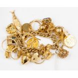 A 9ct gold charm bracelet including nineteen various 9ct gold charms/coins to include two