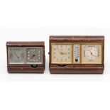 Two leather cased travel clock barometers, the first by Angelus, the Swiss eight day alarm