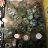 Three boxes of vintage glass bottles, various sizes, along with ceramic pots (Q)