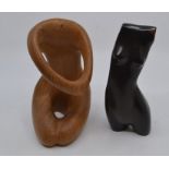 Two contemporary wooden sculptures of semi-abstract female nudes