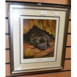 Three framed prints of dogs, one signed and numbered by Tom Trickett.