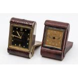 Two Swiss travel alarm clocks, the first by Cyma, the eight day movement in dark red snakeskin and