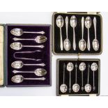 A set of six silver coffee with coffee bean finials, a set of six coffee spoons with shaped