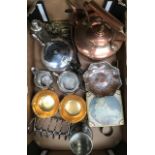 A collection of assorted metal ware, including a late Victorian three piece tea set, comprising