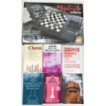 Computer chess game with collection of chess related books.