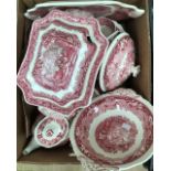 A collection of Masons pink and white dinner service including tureens along with blue and white