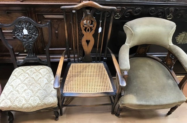 A collection of seat furniture, comprising an Edwardian beech piano stool with hinged seat, an Art