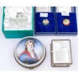 Two Halycon Days enamelled pill boxes, with presentation boxes, a porcelain box and cover with