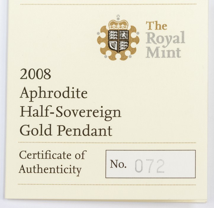 A Royal mint half Sovereign pendant, the 'Aphrodite' half Sovereign dated 2008 within a 9ct gold - Image 2 of 2