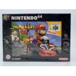 Mario Kart 64, Nintendo 64, boxed game, red strip sealed, however, the seal is slightly broken to