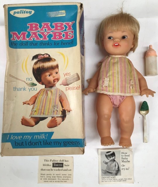 Palitoy: A boxed 1960’s vinyl, Baby Maybe, complete with feeding spoon and bottle. She takes her