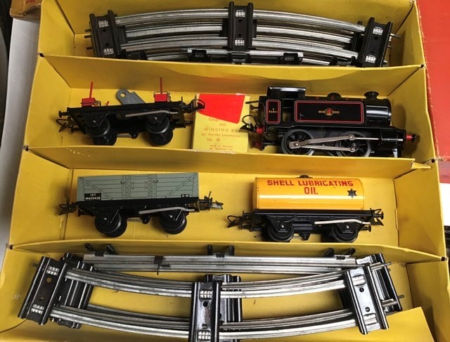 Hornby: A boxed Hornby O gauge clockwork, Tank Goods train set No. 45, with key and box. Contents - Image 2 of 5