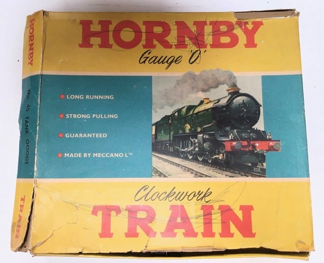 Hornby: A boxed Hornby O gauge clockwork, Tank Goods train set No. 45, with key and box. Contents - Image 3 of 5