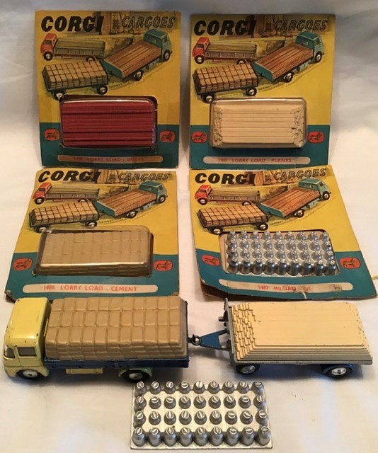 Corgi: A collection of assorted Corgi Cargoes, includes cement, milk churns, bricks, planks, along