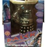 Dr Who Dalek, radio controlled, by Product Enterprise (damage time cellophane front) and small Dalek