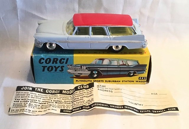 Corgi: A boxed Corgi Toys, Plymouth Sports Suburban Station Wagon, 445. In very near mint