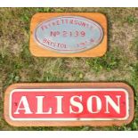 Railwayana: A locomotive nameplate, 'Alison', mounted upon a plinth, measuring approx. 27" x 9",