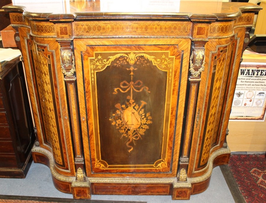 A Gillow and Co mid Victorian walnut and marquetry ormolu mounted credenza, the top with burr walnut