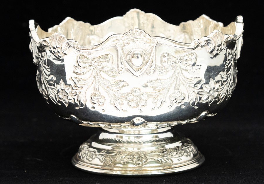 An Irish Victorian style sugar bowl in the shape of a punch bowl, scroll and rocaille border above