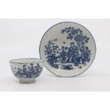 Two Worcester teabowls and saucers, circa 1770-80, the first printed in blue with the 'Three Ladies'