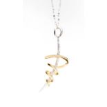 A  diamond set 14ct gold two tone pendant, comprising a central white gold diamond set curve with an