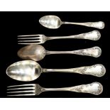 A mid 19th century French silver 950 standard hour glass, scroll and reed pattern part flatware