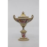 A Royal Crown Derby trophy vase and cover, dated 1903, of ogee form with twin handles, painted