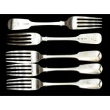 A matched set of seventeen Victorian Provincial silver fiddle pattern table forks, each reverse