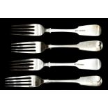 A set of six early Victorian Provincial fiddle pattern silver table forks, the handles engraved with